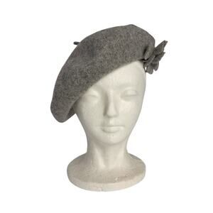 Gray Wool Felted Beret w/ Flowers Warm Chic Parisian Style Hat Winter Accessory